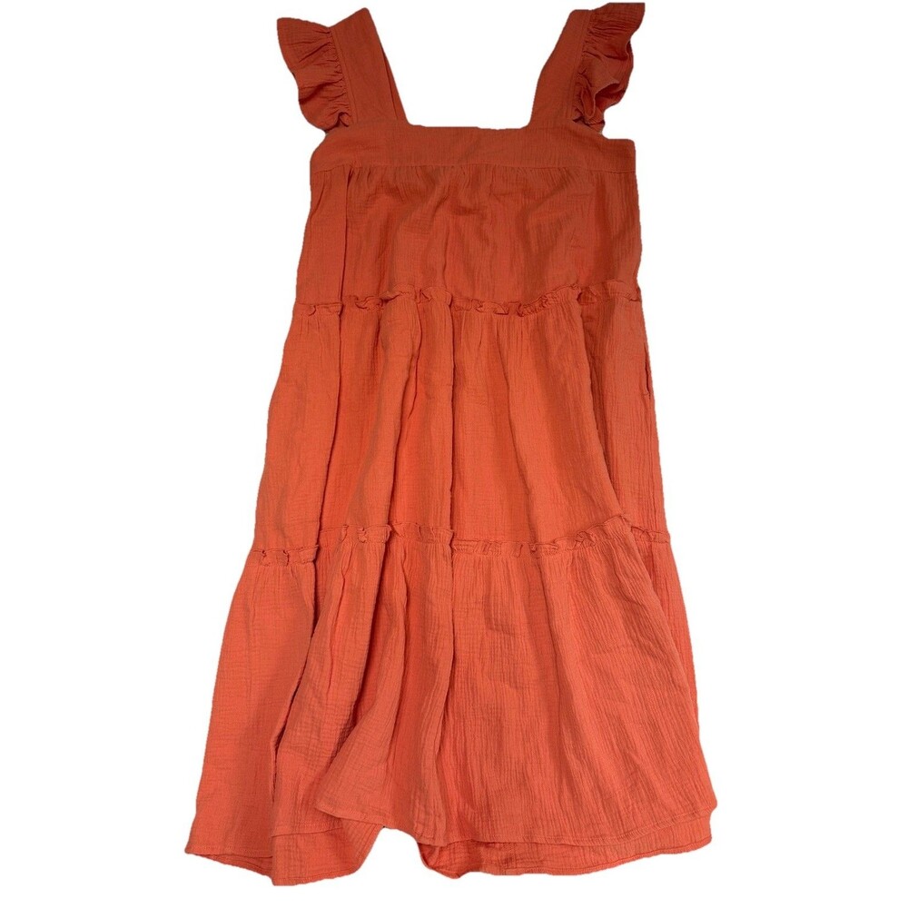 Entro Flutter Sleeve V-Neck Tiered Mini Dress Cotton Orange‎ Women's Size Large